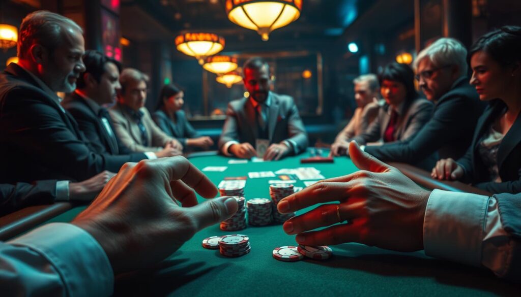 A dimly lit casino table, the green felt surface illuminated by the warm glow of overhead lamps. Experienced players gather around, their faces etched with concentration as they carefully consider their next moves. The dealer, crisp in a tailored suit, shuffles the cards with practiced precision. In the foreground, a player's hands deftly arrange their chips, outlining a strategic formation - the "Stable Win" technique, a proven approach to achieving consistent success at the baccarat table. The atmosphere exudes a sense of calculated focus, where every decision holds the potential to tip the scales in the player's favor.