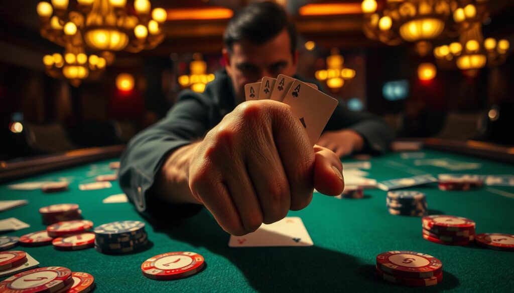 A dimly lit casino table, the green felt surface illuminated by the warm glow of overhead chandeliers. Poker chips and cards scattered across the table, suggesting a heated game in progress. In the center, a weathered hand grips a winning hand, fingers calloused from years of experience. The player's face is partially obscured, but a hint of a triumphant smile can be seen, conveying the confidence and intuition that has led to their success. The background is blurred, emphasizing the intense focus on the table and the player's tactical prowess. Dramatic lighting casts dramatic shadows, creating a sense of high-stakes tension and the thrill of the gambler's journey.