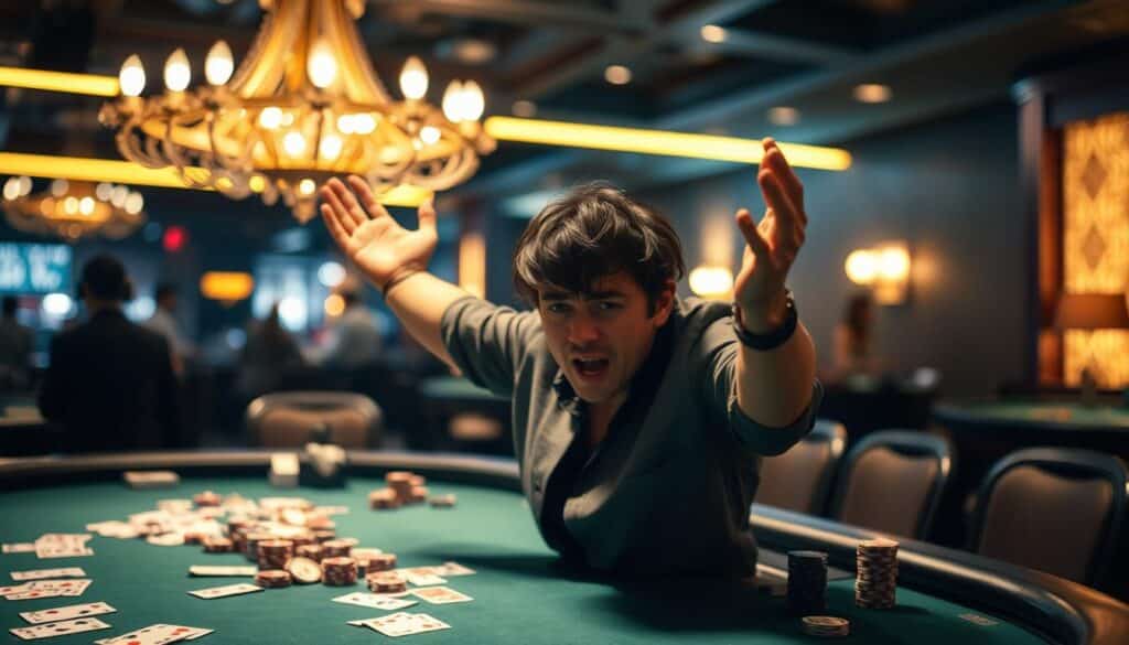 A dimly lit casino table, the green felt surface illuminated by the warm glow of overhead chandeliers. On the table, various casino chips and cards are scattered, hinting at the recent game of Baccarat. In the foreground, a frustrated player throws their hands up in exasperation, their face etched with a mix of disappointment and disbelief. The background is blurred, drawing the viewer's attention to the central figure and the common mistakes made in Baccarat that have led to this moment of frustration. The scene captures the tension and emotional turmoil that can arise from the unpredictable nature of the game, underscoring the need for a strategic and disciplined approach to Baccarat play.