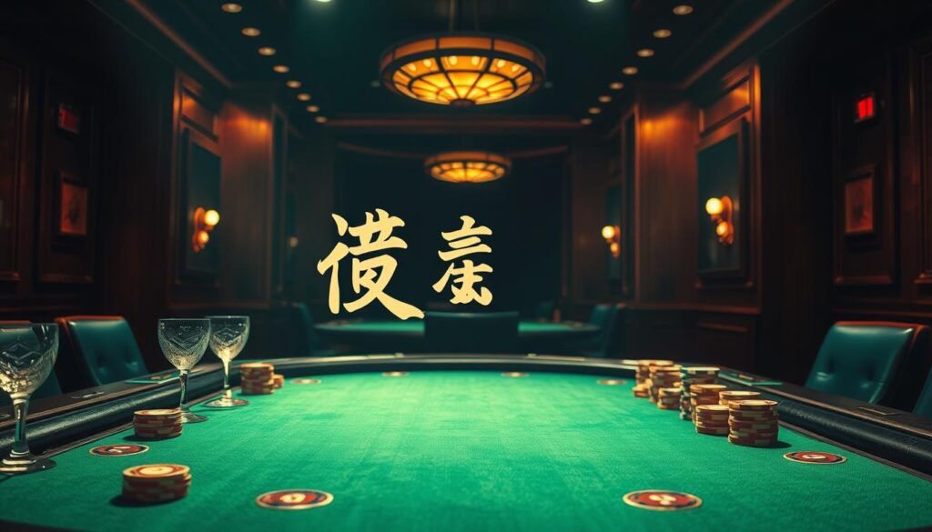 A dimly lit casino table, the green felt surface illuminated by the warm, golden glow of overhead lights. Elegant crystal glasses and stacks of chips in various denominations line the table's edges, casting subtle reflections. In the center, a stylized depiction of the Chinese characters "百家樂賠率" (Baccarat Payouts) is elegantly displayed, rendered in an ornate, calligraphic font. The table is framed by the rich, wood-paneled walls of the casino, creating an atmosphere of refined sophistication. The image conveys a sense of anticipation and the thrill of the game, inviting the viewer to explore the nuances of baccarat payouts.