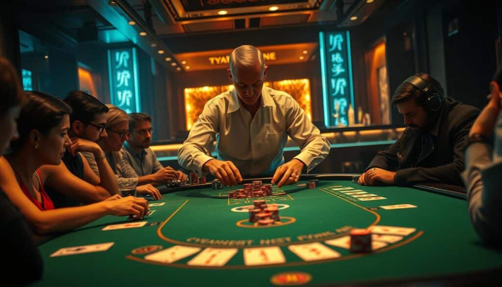 A dimly lit casino table, the green felt surface illuminated by warm, golden lighting. Elegantly dressed players lean in, their faces focused as they carefully calculate the point values of the cards dealt. In the center, a dealer in a crisp, white shirt expertly shuffles and deals the cards, the soft sound of chips echoing across the table. The atmosphere is tense yet captivating, as the players use their knowledge of baccarat strategy to make informed decisions, determined to uncover the winning formula.