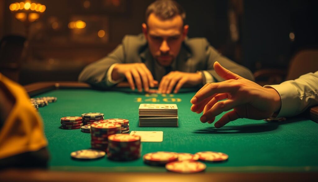 A dimly lit casino table, the green felt surface illuminated by warm, golden lighting. A deck of cards is neatly stacked at the center, surrounded by casino chips in various denominations. In the foreground, a player's hands are poised, ready to make their move, the concentration evident on their face. The background is hazy, creating a sense of focus on the game at hand. The scene conveys the thrill and tension of the baccarat game, the strategic placement of the elements guiding the viewer's eye to the heart of the action.