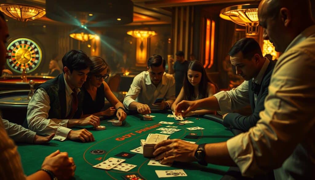 A dimly lit casino table, the green felt surface illuminated by warm, golden lighting. A group of players intently studying their cards, their faces a mix of concentration and anticipation. The dealer, in a crisp white shirt, expertly shuffles the deck, their movements fluid and precise. In the background, the faint sounds of roulette wheels and the chatter of other gamblers create an immersive atmosphere. The scene conveys the tension and excitement of a high-stakes game of Baccarat, inviting the viewer to join in the strategic contemplation of the players as they navigate the nuances of this classic casino game.