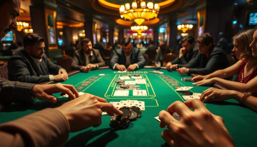 A dimly lit casino table, the green felt surface illuminated by warm, golden lighting. In the foreground, a dealer's hands gracefully arrange the cards, inviting players to place their chips on the betting positions - Banker, Player, Tie, or the various side bets. The middle ground is filled with the concentration of seasoned gamblers, their faces etched with anticipation as they carefully consider their wagers. In the background, the hum of the casino ambiance sets the stage, creating an atmosphere of risk and excitement. The camera angle provides a close, immersive view, allowing the viewer to feel like a participant in the high-stakes game of Baccarat.