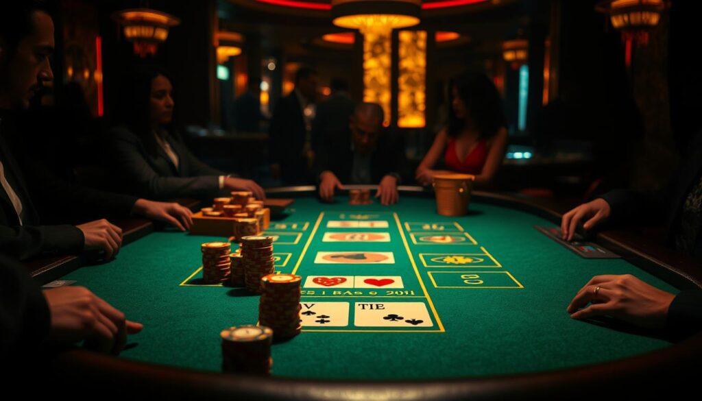 A dimly lit casino table, the green felt surface illuminated by warm, golden lighting. On the tabletop, the classic Baccarat layout is clearly visible, with designated areas for the Player, Banker, and Tie bets. Elegant, wooden casino chips in various denominations are stacked neatly, ready to be wagered. The table is surrounded by a group of attentive players, their faces partially obscured by the atmospheric lighting, creating a sense of mystery and anticipation. The scene conveys the excitement and sophistication of the Baccarat gaming experience, inviting the viewer to explore the strategic nuances of this timeless casino classic.
