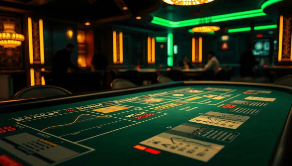 A dimly lit casino table, the green felt surface illuminated by warm, golden lighting. On the table, detailed visualizations of probability distributions and statistical analysis, depicting the win rates of the banker and player hands in baccarat. The analysis is presented in a clean, data-driven style, with elegant charts and graphs highlighting the key insights. In the background, the faint sounds of shuffling cards and the low hum of conversation create an atmosphere of strategic contemplation. The overall mood is one of informed decision-making, where data-driven insights guide the player's approach to the game.