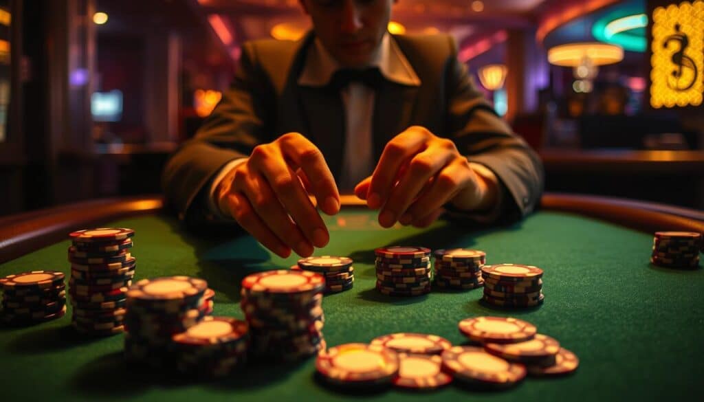 A dimly lit casino table, the green felt surface illuminated by warm, golden lighting. Stacks of casino chips in various denominations sit atop the table, awaiting strategic placement. In the center, a pair of elegant hands carefully consider their next move, fingers delicately poised over the chips. The player's face is obscured, but their posture exudes a sense of focused concentration, as they contemplate the optimal bet to place. The atmosphere is one of thoughtful deliberation, with the hushed, anticipatory energy of the casino providing a subtle backdrop. The image conveys the careful decision-making process involved in selecting the best betting option in the game of baccarat.