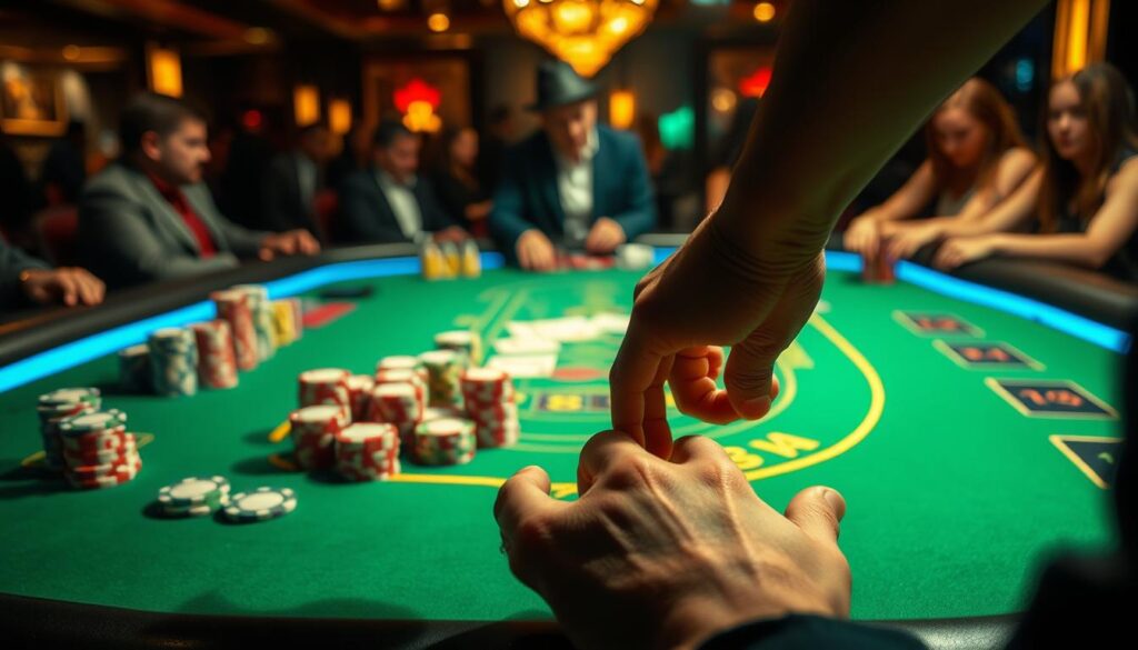 A dimly lit casino table, the green felt surface illuminated by warm, golden lighting. Stacks of colorful gambling chips sit neatly arranged, ready for the high-stakes game of Baccarat. In the background, a blurred crowd of players and onlookers, their attention focused intently on the cards being dealt. In the foreground, a player's hand hesitantly reaches towards the chips, highlighting the common mistakes and misconceptions surrounding this challenging game of chance. The atmosphere is tense, the stakes high, as the player navigates the treacherous waters of Baccarat strategy.