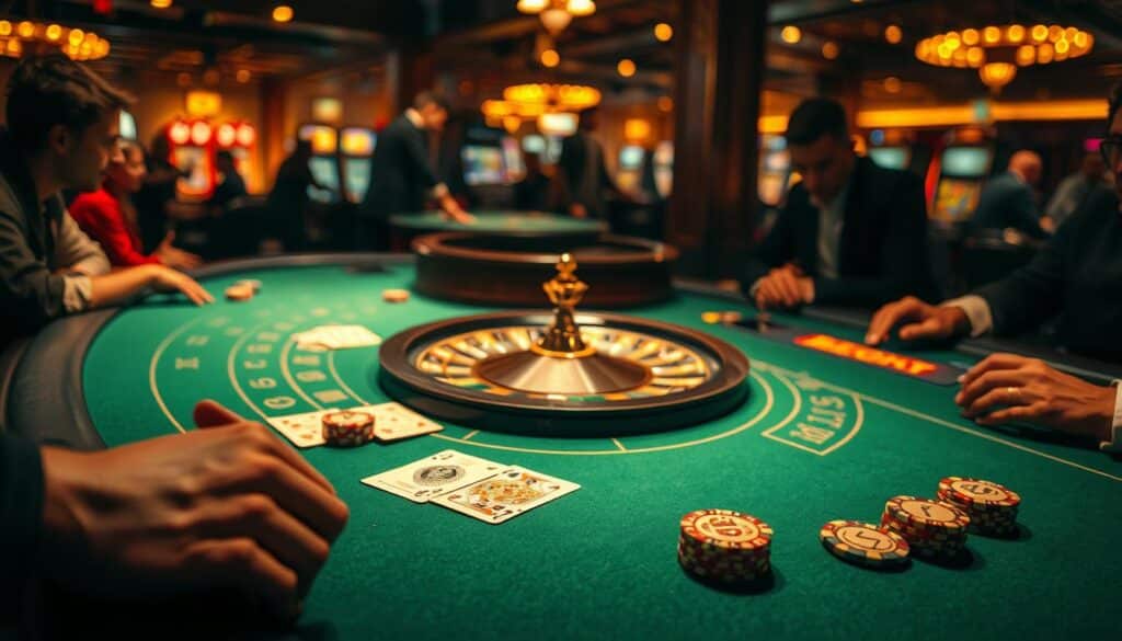 A dimly lit casino table, the green felt surface illuminated by warm, golden lights. Resting on the table, a deck of ornate playing cards and several casino chips in various denominations. At the center, a spinning roulette wheel reflects the light, its spokes shimmering. Around the table, the silhouettes of players lean in, anticipation etched on their faces as they study the layout of bets. In the background, the blurred outlines of other gaming tables and the occasional flicker of slot machines, creating an atmosphere of excitement and possibility. The composition evokes the classic ambiance of a high-stakes casino, setting the stage for an in-depth analysis of the fundamental rules of baccarat.