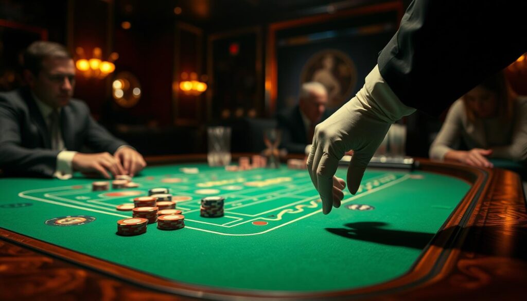 A dimly lit casino table, the green felt surface illuminated by warm overhead lighting. Elegant gloved hands gracefully place casino chips on the layout, strategically positioning bets. In the background, the blurred silhouettes of players lean in, eyes fixed on the unfolding game of Baccarat. The table's polished wood and intricate patterns create a sense of luxury and exclusivity. A single, well-placed spotlight casts dramatic shadows, highlighting the tension and concentration of the moment. The scene conveys the thrill of the game, the allure of high-stakes gambling, and the potential to uncover the secrets of winning at Baccarat.
