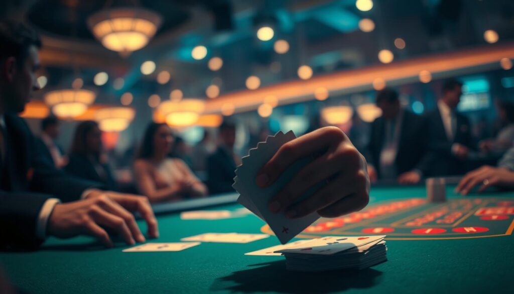 A dimly lit casino table, the green felt surface illuminated by warm overhead lighting. In the foreground, a pair of skilled hands expertly manipulate a deck of cards, the motions fluid and calculated. The background blurs into a hazy crowd, their attention focused on the unfolding game of baccarat. The atmosphere is one of intensity and anticipation, as the player employs strategic techniques to gain the upper hand. A sense of determination and confidence permeates the scene, hinting at the player's mastery of the game's nuances and their ability to maximize their chances of winning.