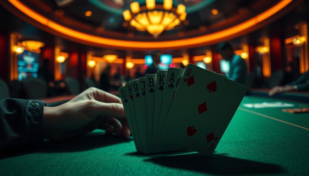 A dimly lit casino table, the green felt surface illuminated by warm overhead lighting. In the foreground, playing cards are fanned out, revealing the symbols and patterns that hold the key to strategic card analysis. The middle ground shows the casino environment, with the curved edge of the table and the blurred silhouettes of other players in the background. A sense of concentration and focus permeates the scene, as the skilled player studies the cards, seeking to uncover the patterns and probabilities that will give them the edge in the game of Baccarat.