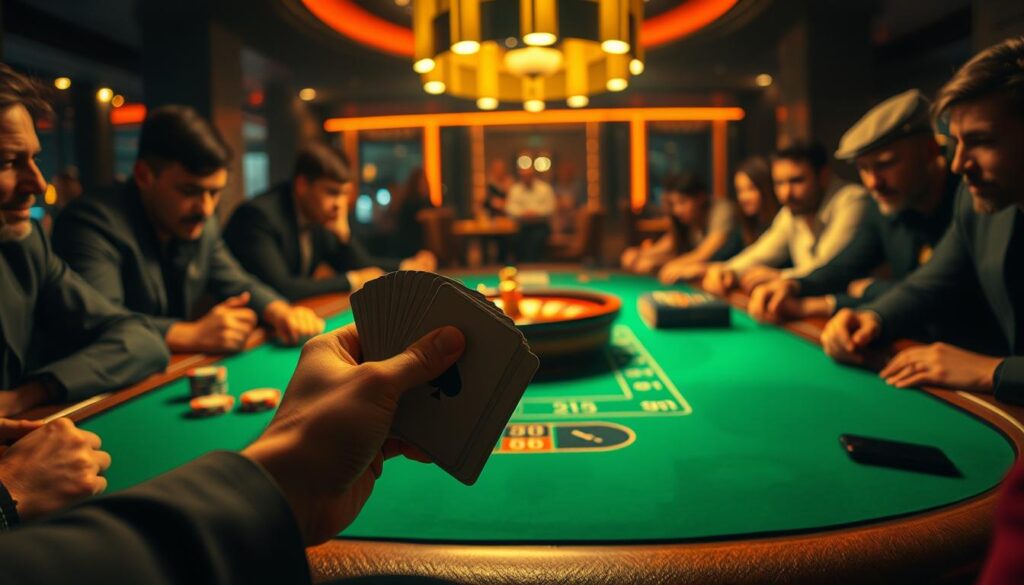 A dimly lit casino table, the green felt surface illuminated by warm overhead lighting. In the center, a roulette wheel spins, its metallic spokes glinting. Surrounding the table, a group of players lean in, their expressions intense as they study their cards and chips. The atmosphere is one of hushed anticipation, the air thick with the thrill of risk and the promise of potential reward. In the foreground, a pair of hands deftly shuffle a deck of cards, the motion fluid and practiced. The background is blurred, drawing the viewer's focus to the central tableau of the baccarat game unfolding before them, a metaphor for the delicate balance of luck, strategy, and risk management that defines the player's experience.