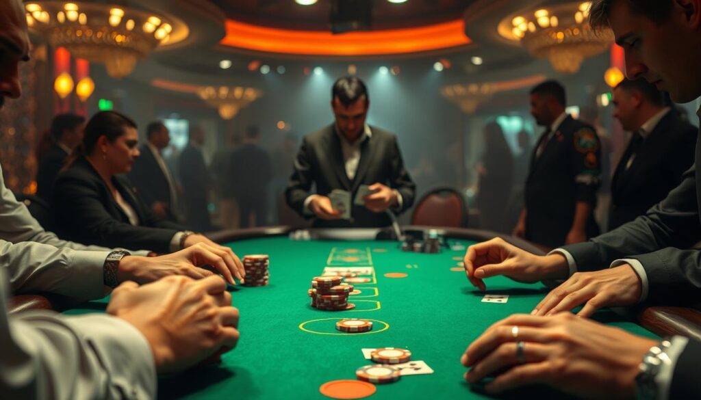 A dimly lit casino table, the green felt surface illuminated by warm overhead lighting. In the foreground, players' hands carefully arrange their casino chips, strategizing their next moves. In the middle ground, the dealer stands poised, shuffling a deck of cards with practiced precision. The background is hazy, blurred figures of onlookers observing the high-stakes game of Baccarat unfold. The atmosphere is one of intense focus and anticipation, as players aim to predict the outcome of each hand and maximize their winnings.