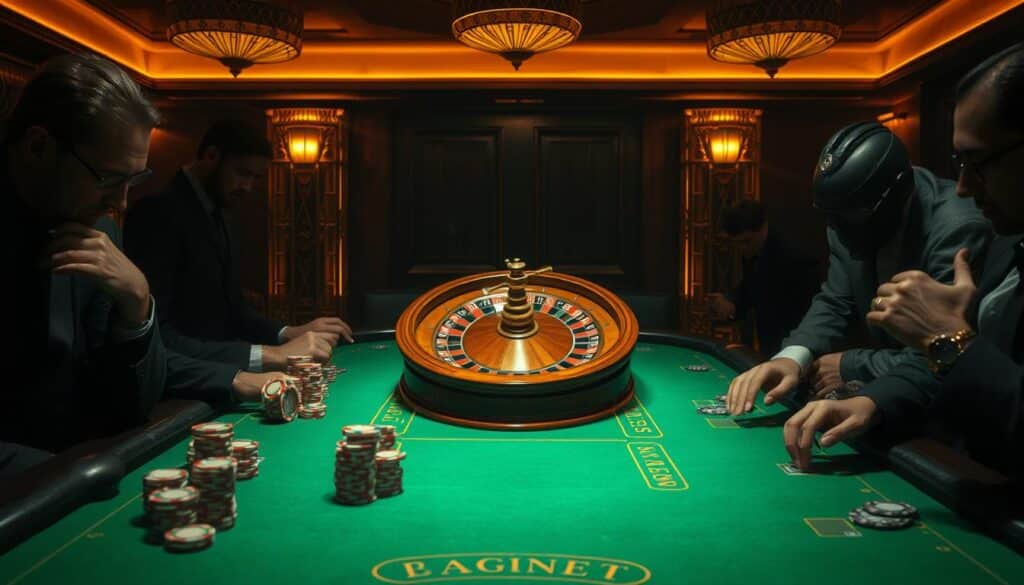 A dimly lit casino table, the green felt surface illuminated by warm overhead lighting. Stacks of casino chips in various denominations sit neatly arranged, awaiting the next round of play. In the center, a wooden roulette wheel with intricate carvings spins slowly, its metallic components gleaming. Surrounding the table, shadowy figures lean in, their expressions intense as they study the unfolding game, contemplating their next strategic move in the high-stakes world of Baccarat. The atmosphere is one of tension and anticipation, where fortunes can be won or lost in a matter of moments.