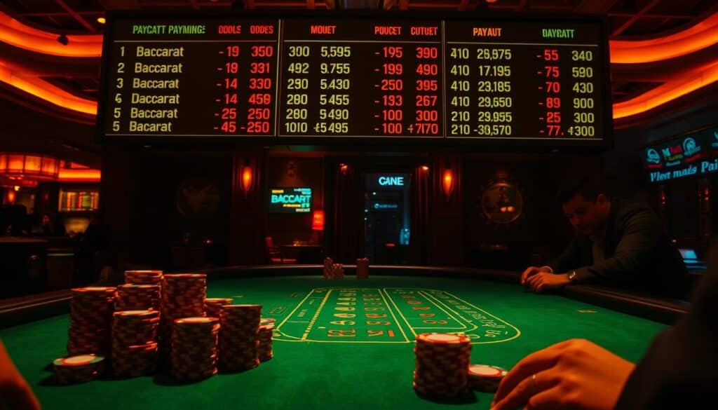 A dimly lit casino table, the green felt surface illuminated by warm overhead lighting. Stacks of casino chips in various denominations sit neatly arranged, casting soft shadows. Overhead, a large electronic display shows the current payout odds for each Baccarat outcome, the numbers flickering and changing in real-time. The air is thick with the anticipation of the game, players leaning in intently, studying the odds and making their wagers carefully. The scene conveys the tension and strategy of analyzing the Baccarat payout rates to maximize profits while minimizing risk.