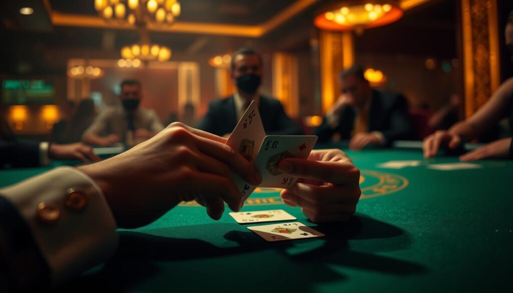 A dimly lit casino table, the green felt surface illuminated by warm overhead lights. In the foreground, a pair of hands skillfully manipulate cards, the movements calculated and precise, hinting at the strategic mastery of Baccarat. The background is hazy, the faces of players obscured, creating an atmosphere of intense focus and psychological tension. The lighting casts dramatic shadows, emphasizing the high-stakes nature of the game. The composition is balanced, drawing the viewer's attention to the hands and the cards, the essence of the "百家樂心理戰術" at the heart of this strategic confrontation.