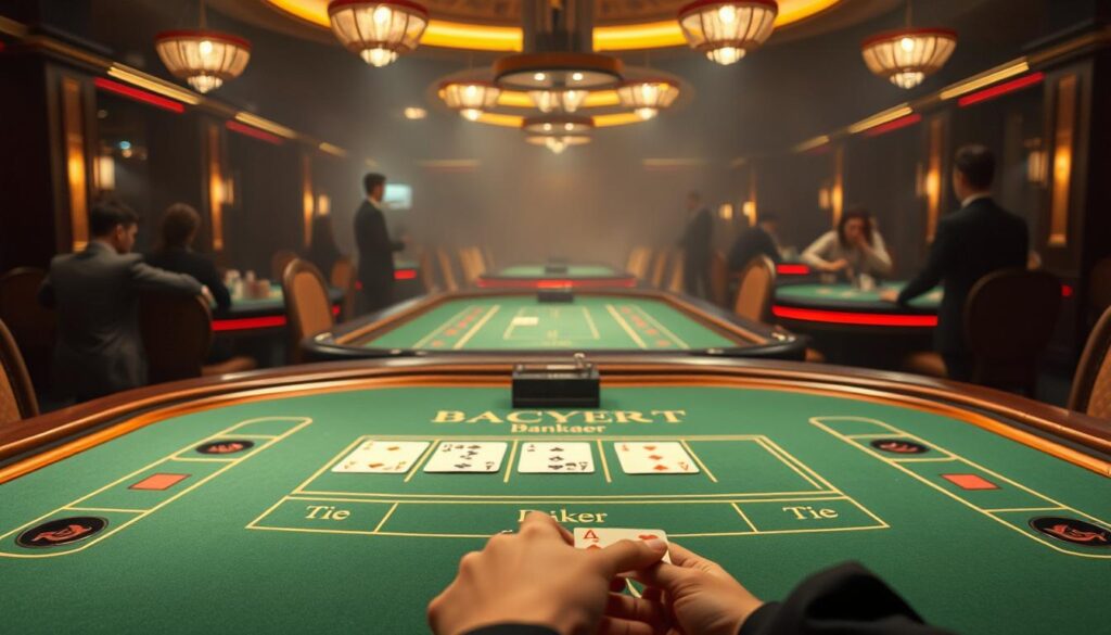 A dimly lit casino table, the green felt surface illuminated by warm overhead lights. The classic Baccarat layout is meticulously rendered, with designated areas for the Player, Banker, and Tie bets. Elegant chrome and wood accents frame the table, creating a sophisticated ambiance. In the foreground, a pair of hands expertly deal the cards, the flick of the wrist and the soft sound of the cards adding to the immersive experience. The background is hazy, with the silhouettes of other tables and players creating a sense of activity and anticipation. The overall scene conveys the timeless elegance and excitement of the Baccarat gaming experience.