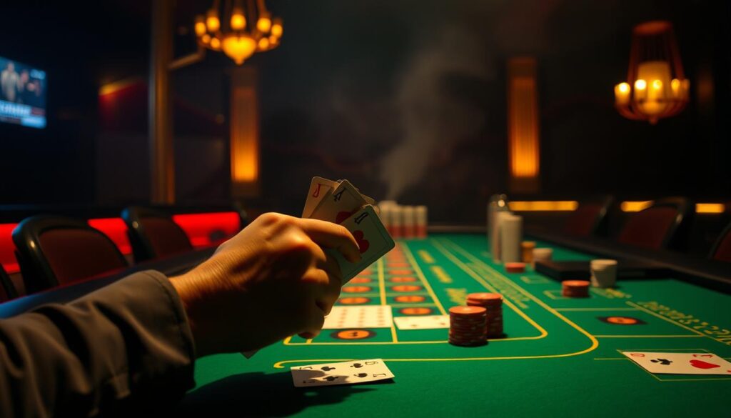 A dimly lit casino table, the green felt surface illuminated by warm, softly glowing lamps. Playing cards, poker chips, and the iconic baccarat table layout are meticulously arranged, hinting at the strategic gameplay unfolding. In the foreground, a pair of hands expertly shuffles the cards, conveying the skilled application of baccarat techniques. The background is shrouded in a subtle haze, creating an atmosphere of concentration and anticipation, as if inviting the viewer to step into the world of baccarat mastery.