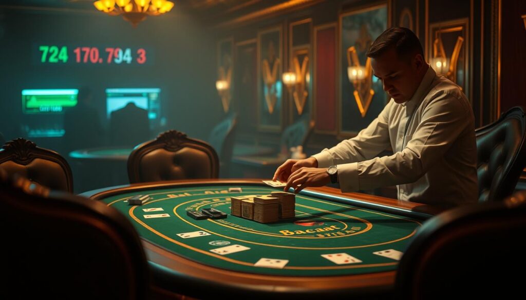 A dimly lit casino table, the green felt surface inviting players to discover the secrets of Baccarat. The dealer, dressed in a crisp white shirt, carefully shuffles a deck of cards, their movements precise and practiced. The table is adorned with ornate gold trim, creating an atmosphere of elegance and sophistication. Plush, high-backed chairs surround the table, hinting at the strategic decisions and thrilling moments that unfold here. Soft, warm lighting casts a subtle glow, setting the stage for a game of chance and skill. The overall scene evokes a sense of tradition, inviting the viewer to immerse themselves in the captivating world of Baccarat.