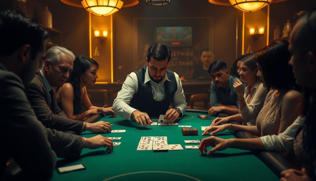 A dimly lit casino table, the green felt surface inviting players to try their luck at baccarat. In the center, a dealer in a crisp white shirt and black vest deals the cards with practiced precision, their movements fluid and confident. Around the table, a diverse group of players lean in, eyes focused, fingers poised to place their bets. The atmosphere is one of quiet intensity, the air thick with the anticipation of the next hand. Soft, warm lighting casts a golden glow over the scene, creating an air of sophistication and elegance. The players' expressions range from intense concentration to subtle excitement, their body language reflecting the thrill of the game.