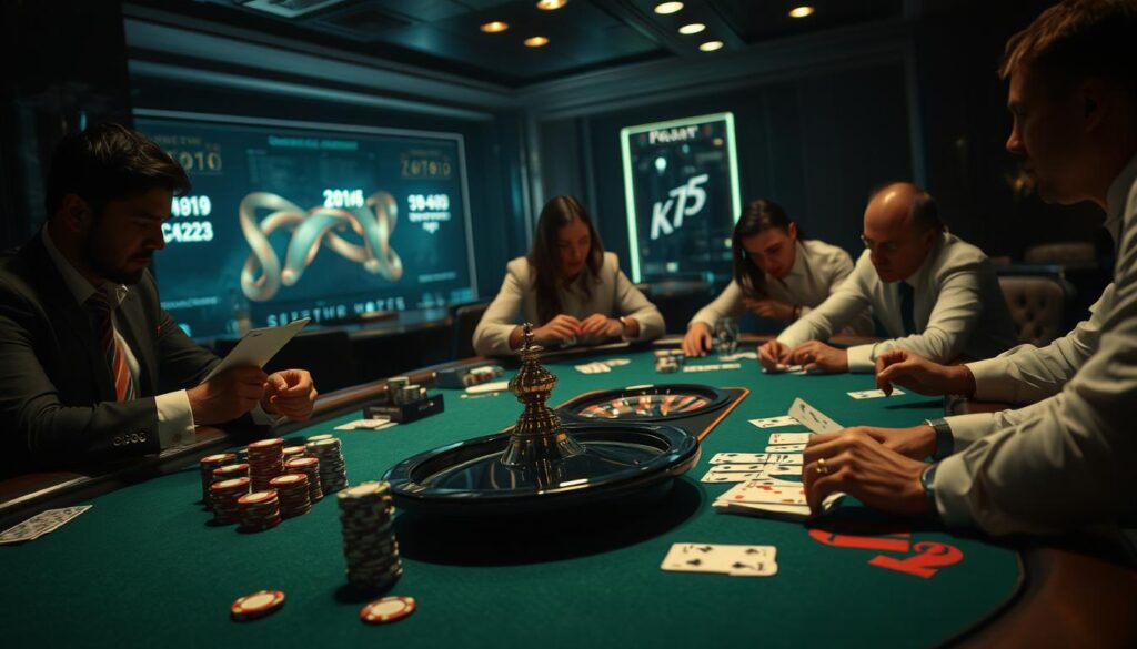 A dimly lit casino table, the green felt surface meticulously maintained. Crisp playing cards are dealt by a skilled dealer, their movements precise and practiced. Stacks of casino chips in various denominations are placed strategically, each wager a calculated risk. The players, their faces illuminated by the table's recessed lighting, lean in with intense focus, weighing their options and devising their next move. An air of hushed anticipation fills the room as the roulette wheel spins, its rhythmic clicking building the suspense. This is the world of baccarat, where seasoned players leverage their knowledge of game mechanics and probability to gain an edge over the house.