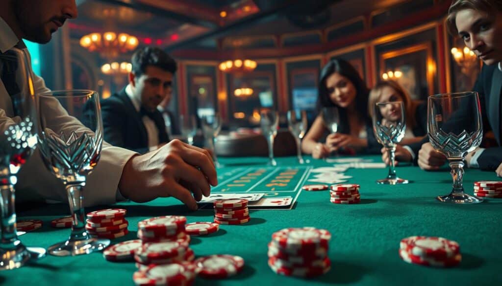 A dimly lit casino table, the green felt surface pristine and inviting. Elegant crystal glasses and ornate chips in shades of red, white, and blue are neatly arranged. A croupier's hands gracefully manipulate the cards, their movements practiced and precise. The lighting is warm and atmospheric, casting a subtle glow over the scene. The players, their faces half-obscured, lean in with anticipation, their expressions intense as they study the unfolding game of Baccarat. The atmosphere is one of concentration and subtle strategy, a dance of chance and calculated risk.