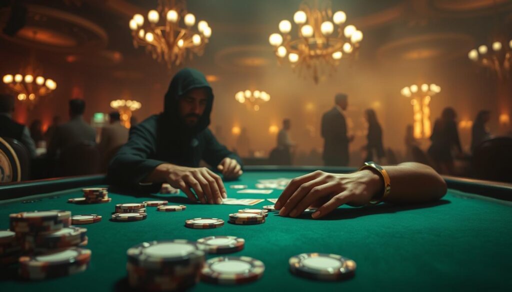 A dimly lit casino table, the green felt surface reflecting the soft glow of overhead chandeliers. Translucent casino chips in varying denominations are scattered across the table, their edges glinting. A lone player's hands reach out, deftly maneuvering the cards, their face obscured in shadow, deep in concentration. The background is hazy, filled with the muted chatter of other gamblers, creating an atmosphere of calculated risk and potential reward. The lighting is dramatic, casting dramatic shadows that enhance the tension and drama of the scene. The angle is slightly elevated, giving the viewer a sense of being an unseen observer, privy to the high-stakes game unfolding before them.