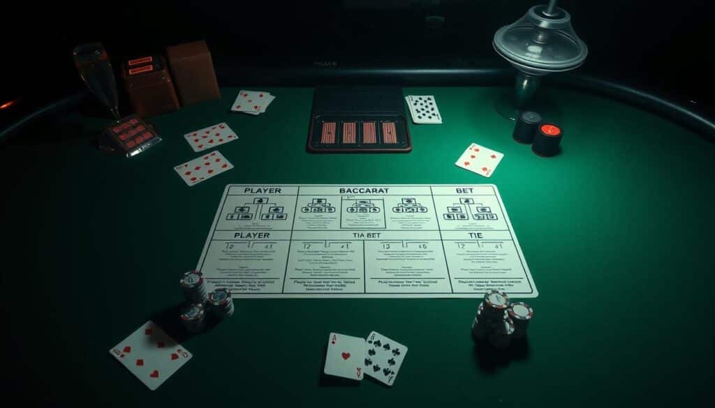 A dimly lit casino table, the green felt surface reflecting the soft glow of overhead lamps. Centered on the table, a detailed illustration of the baccarat game rules, with clear diagrams and explanations of the player, banker, and tie bets. The cards, chips, and other gaming accessories are arranged neatly around the rules, conveying a sense of order and professionalism. The scene is captured from a slightly elevated angle, giving a comprehensive view of the table and its components. The overall atmosphere is one of thoughtful contemplation, inviting the viewer to study and understand the intricacies of the baccarat gameplay.