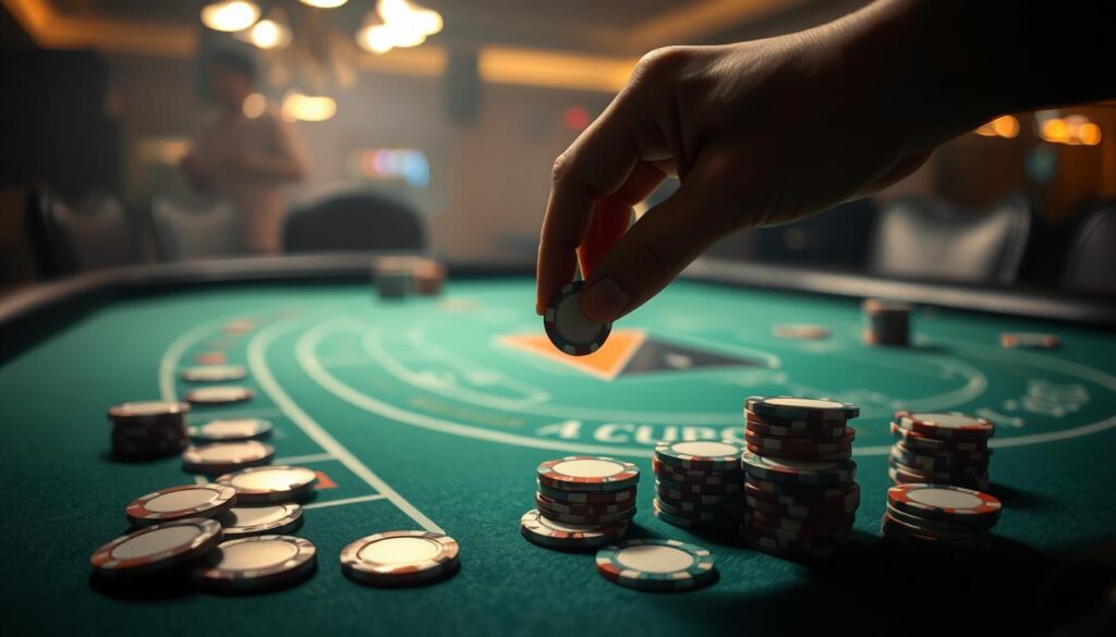 A dimly lit casino table, the green felt surface reflecting the soft glow of overhead lamps. On the table, a stack of casino chips in various denominations, meticulously arranged in an orderly manner. In the foreground, a hand holds a single chip, poised to place a strategic bet. The scene conveys a sense of concentration and anticipation, as the player contemplates the next move in the classic game of baccarat. The background is hazy, creating a sense of focus on the central elements of the image - the table, the chips, and the player's hand. The overall mood is one of calculated risk and the potential for reward.