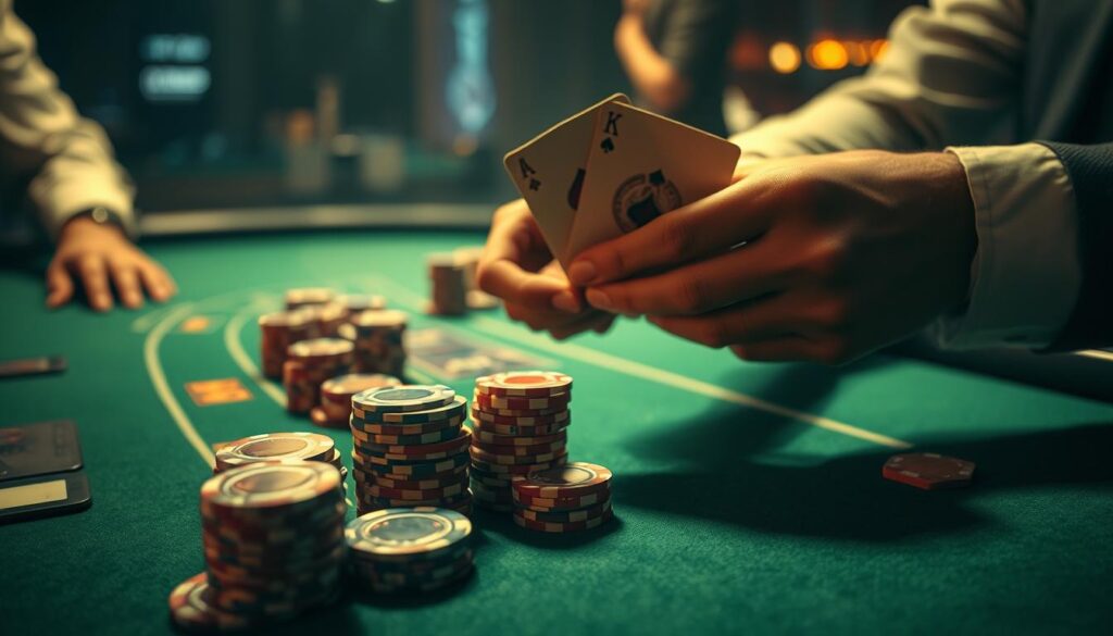 A dimly lit casino table, the green felt surface reflecting the soft glow of the overhead lighting. Intricate casino chips in various denominations are neatly stacked, ready for play. A pair of hands, one holding a pair of playing cards, the other delicately manipulating the chips, as a seasoned gambler carefully considers their next move. The atmosphere is one of intense focus and strategic contemplation, as the player seeks to optimize their chances of success in the captivating game of Baccarat. The scene conveys the balance of luck and skill required to navigate the ebbs and flows of this iconic casino game.