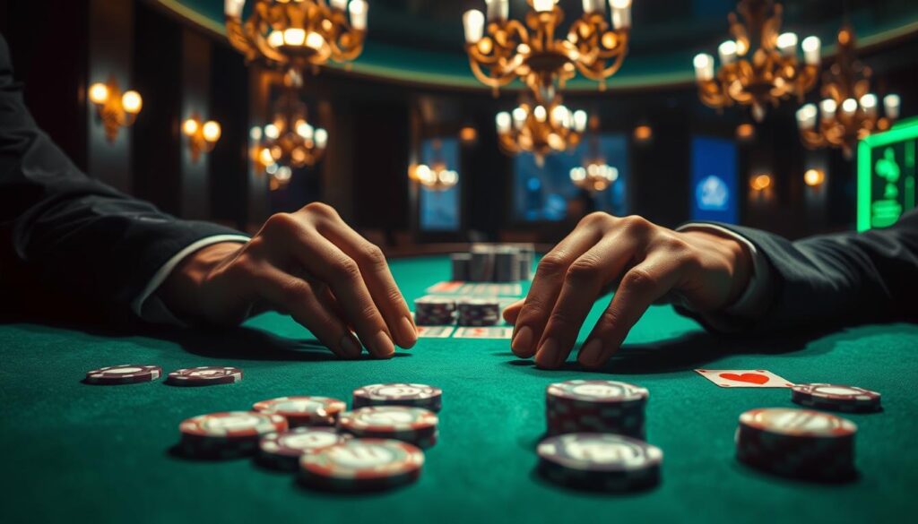 A dimly lit casino table, the green felt surface reflecting the soft glow of the overhead chandeliers. On the table, rows of poker chips in various denominations are neatly arranged, each one a symbol of the calculated risks and strategic decisions that define the game of baccarat. In the foreground, a pair of elegant hands carefully consider their next move, the players' faces obscured by the shadows, their concentration palpable. The scene exudes a sense of measured elegance and a touch of mystique, capturing the essence of the precise betting techniques that distinguish the skilled baccarat player.