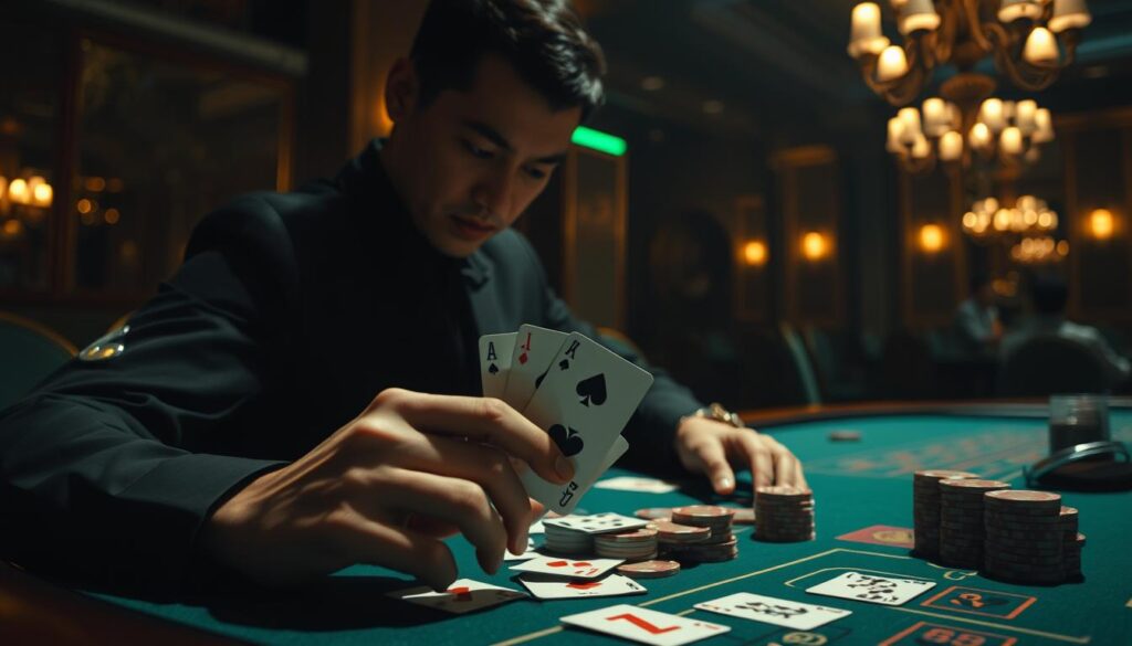 A dimly lit casino table, the green felt surface reflecting the warm glow of overhead chandeliers. A dealer's hands deftly manipulate playing cards, highlighting the precise "fixed betting" technique employed by the player. The player's face is obscured, their focus entirely on the game, calculating each move with unwavering concentration. The atmosphere is one of cautious strategy, the room hushed save for the subtle sounds of chips being stacked and cards being dealt. The image conveys the essence of the "fixed betting" approach, its advantages and potential vulnerabilities, as a critical component of the larger "Baccarat game strategy analysis" described in the article.