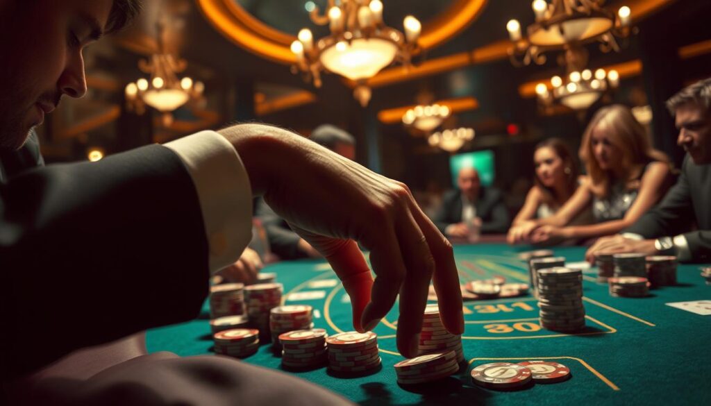 A dimly lit casino table, the green felt surface reflecting the warm glow of overhead chandeliers. Stacks of casino chips in various denominations sit neatly arranged, ready for a high-stakes game of Baccarat. In the foreground, a well-manicured hand reaches out, carefully selecting a few chips to place a cautious bet. The player's face is partially obscured, a hint of concentration visible. Around the table, other players observe intently, anticipating the dealer's next card reveal. The atmosphere is tense, the air thick with the thrill of risk and potential reward. A classic scene of strategic gaming, captured in dramatic chiaroscuro lighting.