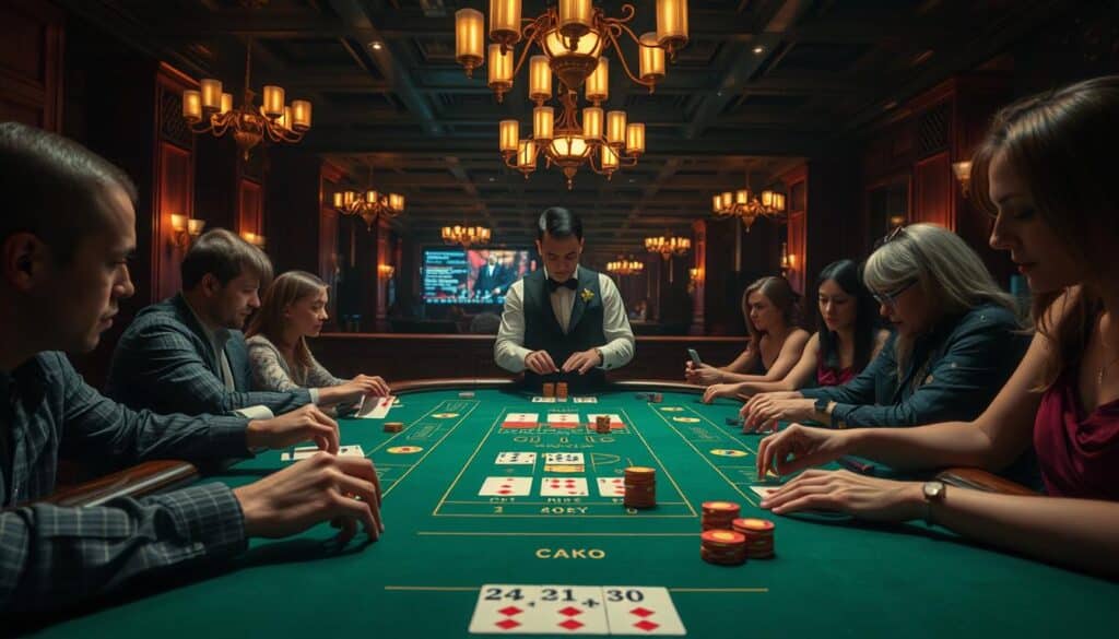 A dimly lit casino table, the green felt surface reflecting the warm glow of overhead chandeliers. Hands expertly shuffle and deal cards, the rhythmic sound of chips clinking as players strategically place their bets. In the center, the croupier stands poised, guiding the game with practiced motions. Around the table, faces of concentration, anticipation, and occasional triumph - the thrill of the online baccarat experience captured in a cinematic tableau. The scene exudes an air of sophisticated elegance, inviting the viewer to step into the alluring world of mastering the techniques of this captivating game.