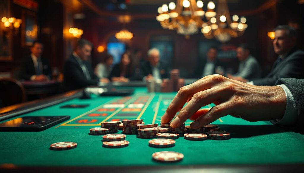 A dimly lit casino table, the green felt surface reflecting the warm glow of overhead chandeliers. On the table, delicate chips in various denominations are neatly arranged, awaiting the roll of the dice. In the foreground, a pair of hands gently caresses the chips, the fingers tracing their edges with a sense of anticipation. The background is hazy, blurred figures of seasoned players observing the game, their expressions unreadable. The atmosphere is one of tension and excitement, inviting the viewer to step into the world of baccarat and learn its secrets.
