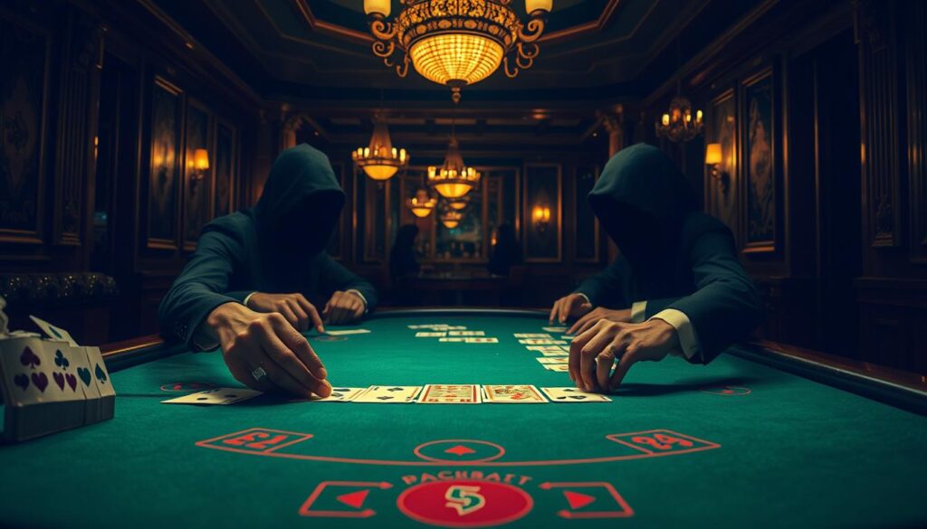 A dimly lit casino table, the green felt surface reflecting the warm glow of overhead chandeliers. Elegant hands deal the cards, the players' faces shrouded in shadows, focused on the intricate rules of Baccarat. The scene conveys an air of sophistication and mystery, inviting the viewer to delve into the strategic depths of this classic casino game. The table is framed by ornate architectural details, hinting at the grandeur of the establishment. Soft, dramatic lighting casts dramatic shadows, creating a sense of tension and intrigue. The overall composition suggests the allure and complexity of the "Baccarat Rules" that govern this captivating game of chance and skill.