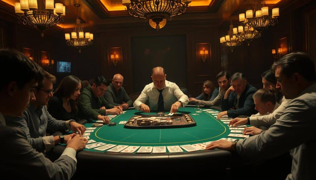 A dimly lit casino table, the green felt surface reflecting the warm glow of overhead chandeliers. Seated players intently focus on the cards, their expressions a study in concentration and anticipation. In the center, the dealer expertly shuffles and deals, their movements precise and practiced. The room is hushed, save for the occasional murmur or the soft click of chips. The atmosphere is one of hushed excitement, as fortunes rise and fall with each turn of the cards. A sense of timeless elegance pervades the scene, capturing the essence of the successful baccarat gaming experience.