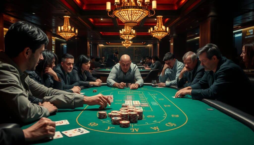 A dimly lit casino table, the green felt surface reflecting the warm glow of overhead chandeliers. A dealer expertly shuffles a deck of cards, their hands moving with precision. Around the table, a diverse group of players lean in, faces set in concentration as they strategize their next moves. The air is thick with anticipation, the sound of chips clinking and hushed conversations creating a palpable sense of energy. In the background, the faint silhouettes of other gaming tables can be seen, creating a sense of depth and the bustling atmosphere of a lively casino. The overall scene conveys the high-stakes, immersive experience of an online baccarat game, where seasoned players put their strategies to the test.