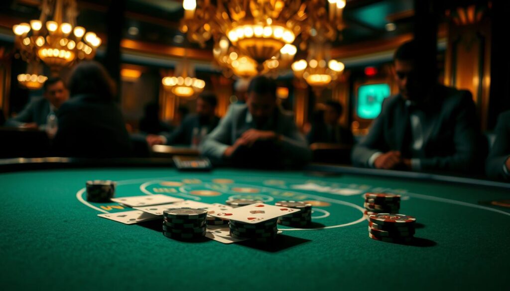 A dimly lit casino table, the green felt surface reflecting the warm glow of overhead chandeliers. On the table, a set of playing cards and casino chips arranged in a precise pattern, conveying the intricate mathematics of baccarat odds. In the background, the blurred silhouettes of players, their expressions intense as they study the movement of the cards. The scene is one of strategic contemplation, inviting the viewer to delve into the nuances of this captivating casino game.