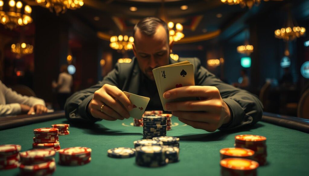 A dimly lit casino table, the green felt surface reflecting the warm glow of overhead chandeliers. At the center, stacks of casino chips in various denominations, their colors vibrant against the muted tones. In the foreground, a pair of skilled hands expertly manipulate the cards, each movement precise and deliberate. The player's face is obscured, but their concentration is palpable, a seasoned gambler immersed in the strategic dance of baccarat. The background is hazy, the other players and dealers fading into the periphery, the focus drawn to the pivotal moment where the cards are revealed, and the outcome of the game hangs in the balance.