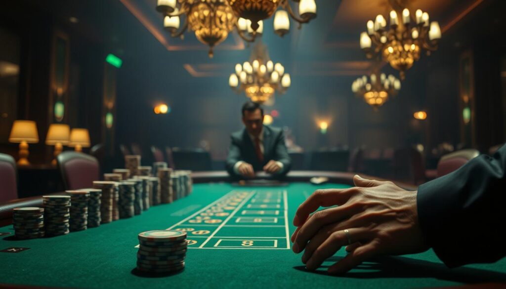 A dimly lit casino table, the green felt surface reflecting the warm glow of overhead chandeliers. Rows of casino chips in various denominations are neatly stacked, awaiting the skilled player's strategic placement. The dealer, poised and attentive, waits to reveal the fate of the cards. In the foreground, a player's hands hover over the table, contemplating their next move, the tension palpable. The background is hazy, creating a sense of focus on the critical decision-making process unfolding. The scene conveys the sophisticated atmosphere of a high-stakes baccarat game, where mastering the investing strategies is the key to emerging victorious.