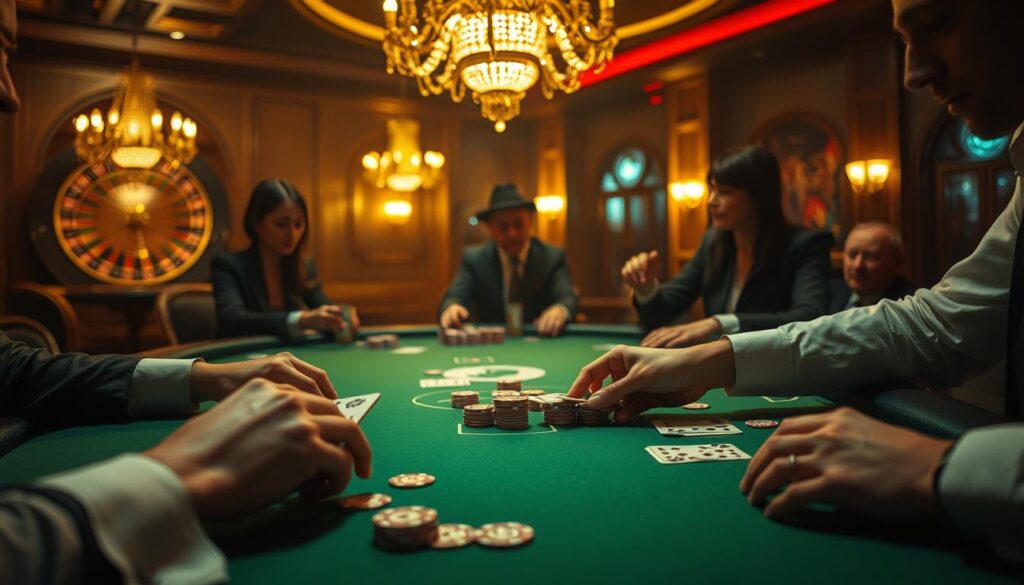 A dimly lit casino table, the green felt surface reflecting the warm glow of overhead chandeliers. Experienced hands expertly shuffle and deal the cards, a seasoned poker face masking the anticipation. Chips clink as players strategically place their bets, eyes focused on the unfolding game. The tension builds as the cards are turned, each move carefully calculated, the sound of the roulette wheel spinning in the background. This is the world of baccarat, where calculated risk and strategic play can lead to triumph or heartbreak. A masterful display of the art of the game.