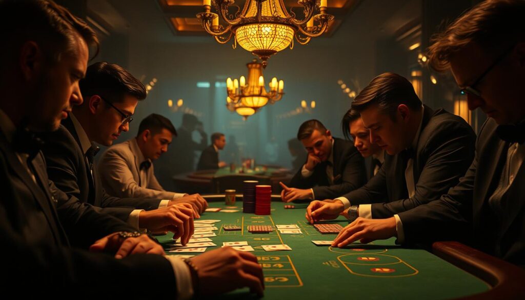 A dimly lit casino table, the green felt surface reflecting the warm glow of overhead chandeliers. Cards are dealt delicately, the croupier's hands moving with practiced precision. Players lean in, their faces partially obscured by the shadows, focused intently on the unfolding game of Baccarat. The air is thick with anticipation, the rustling of chips and murmured exchanges adding to the ambient soundtrack. Behind the table, the background fades into a hazy, indistinct scene, allowing the central action to take center stage. Elegant, old-world charm permeates the setting, inviting the viewer to immerse themselves in the captivating world of Baccarat.