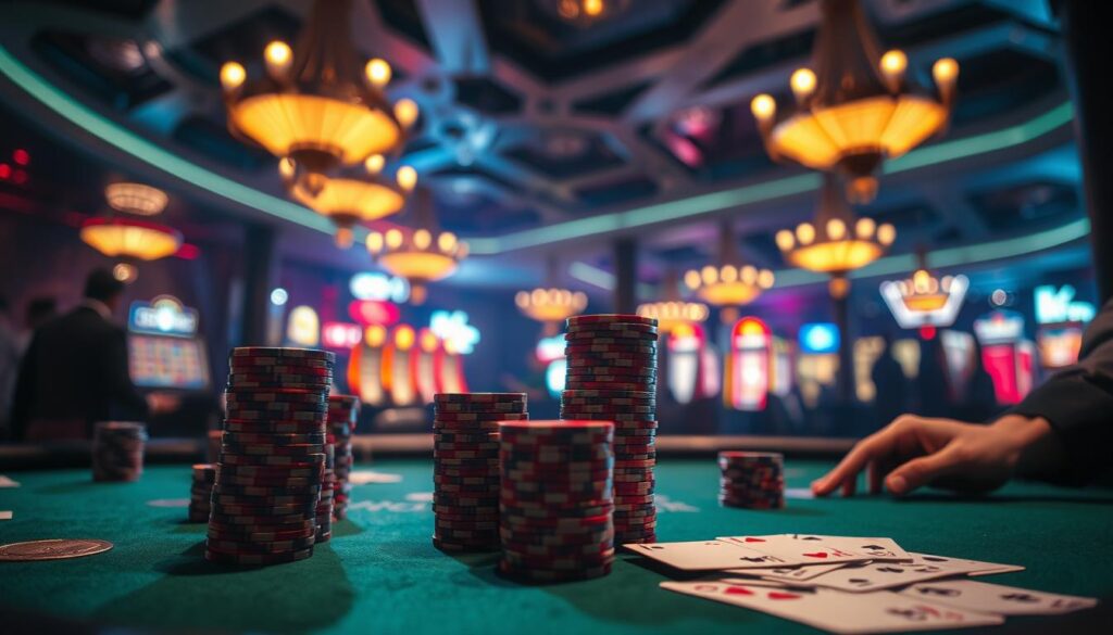 A dimly lit casino table, the green felt surface reflecting the warm glow of overhead chandeliers. Stacks of casino chips in varying denominations stand at the ready, their metallic sheen catching the light. Playing cards, expertly shuffled, are spread out in an alluring display, hinting at the strategic game to come. The scene is hushed, with a sense of anticipation and calculated risk, as seasoned players contemplate their next move, drawing on a wealth of specialized techniques and hard-earned wisdom. In the background, the faint chatter of the casino floor adds to the atmospheric tension, creating a compelling visual that captures the essence of casino gaming strategy.