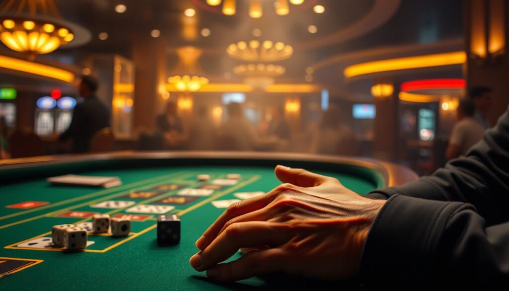 A dimly lit casino table, the green felt surface reflecting the warm glow of overhead spotlights. On the table, dice and cards are neatly arranged, hinting at the strategic game of Baccarat. In the foreground, a player's hands carefully consider their next move, their face partially obscured by the shadows, conveying the intense focus and calculated decision-making required to gain an edge. The background is hazy, suggesting the bustling energy of the casino, but the player remains centered and determined, intent on uncovering the secrets to boosting their win rate in this elegant and challenging game.