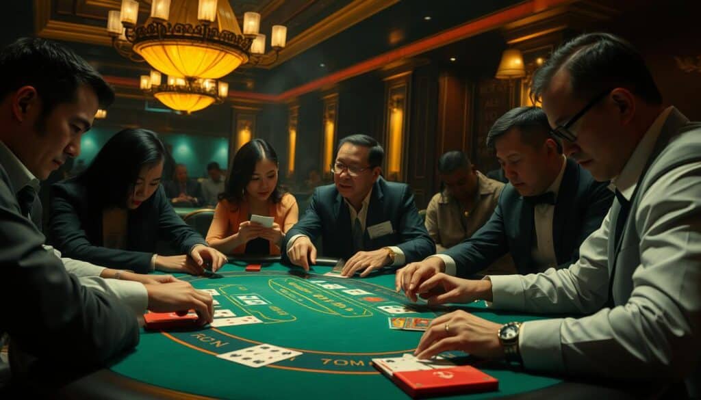 A dimly lit casino table, the green felt surface reflecting the warm glow of overhead chandeliers. Elegant players lean in, studying their cards intently, their faces a study in concentration. The dealer, poised and professional, shuffles the deck with practiced ease. The air is charged with anticipation as they engage in the classic game of Baccarat, each move a calculated risk in pursuit of the ultimate prize - financial victory. Through the haze of cigarette smoke, the table emerges as the focal point, a microcosm of the high-stakes world of casino gaming, where Taiwan's savviest players have honed their strategies to perfection.