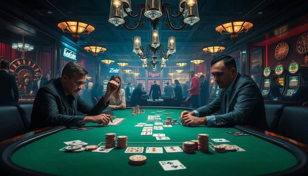 A dimly lit casino table, the green felt surface reflecting the warm glow of overhead chandeliers. Experienced players strategize, studying the cards and chips with intense focus, as the game of Baccarat unfolds before them. The evolution of gameplay tactics is represented by a timeline of historic playing cards, each a milestone in the game's rich history. In the background, a montage of classic casino scenes - roulette wheels, slot machines, and glamorously dressed patrons - frames the central tableau. Capturing the cerebral nature of Baccarat, the image conveys the nuanced, ever-changing nature of gaming strategy through its layered, atmospheric composition.