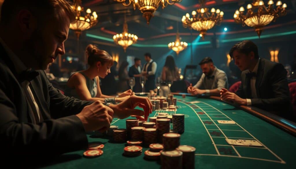 A dimly lit casino table, the green felt surface reflecting the warm glow of overhead chandeliers. Elegant players lean in, faces obscured by the shadow's edge, hands poised over stacks of chips. A sense of tension and risk permeates the scene, as the dealer expertly shuffles the cards, the game of chance unfolding. In the background, the hum of conversation and the clinking of glasses create an atmosphere of high-stakes excitement. The image conveys the inherent risks and thrills of online baccarat, a cautionary tale of the allure and potential pitfalls of this captivating game.