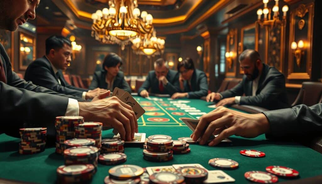A dimly lit casino table, the green felt surface reflecting the warm glow of overhead lamps. Stacks of casino chips in various denominations stand at the ready, inviting players to join the high-stakes game of Baccarat. In the foreground, a skilled croupier's hands deftly deal the cards, their movements precise and calculated. The middle ground features players leaning in, faces etched with intense concentration, studying the unfolding gameplay. In the background, the atmosphere is one of refined elegance, with ornate chandeliers and gilded accents setting the tone. The entire scene evokes a sense of strategic mastery, where the interplay of logic, probability, and psychological fortitude guide the path to victory.